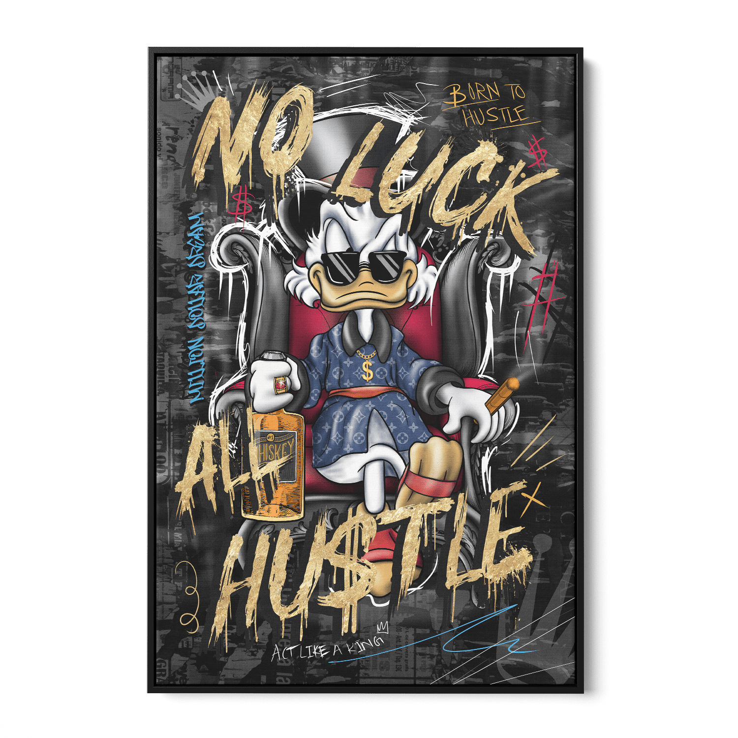 NO LUCK ALL HU$TLE*Canvas*40x60*Baklijst*Kunstwerk*Masculina.nl